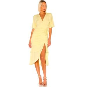 AERYNE Wrap Dress XS Pastel Yellow Surplice Ruched Layered Coquette Ethereal